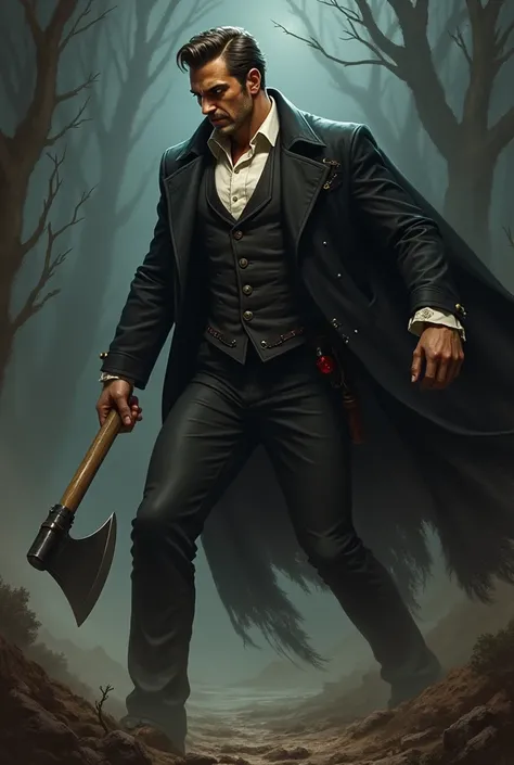 Handsome Victorian hunter dressed in a suit with an axe attacking a vampire at night