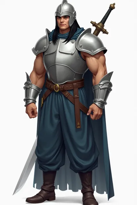  Muscular 22-year-old boy .  Smooth black hair long to the chin and cropped fringe . Fat, round nose . broad face.  Very slanted eyes and fat black eyebrows .  Silver helmet covering the forehead .  Silver armor with shoulder pads that covers to the end of...