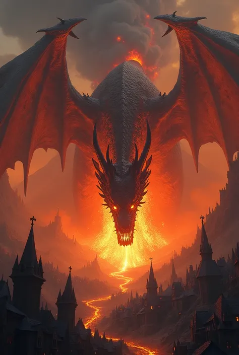 Create a lava dragon rising from an erupting vulgar and covering a medieval city with dust and soot 