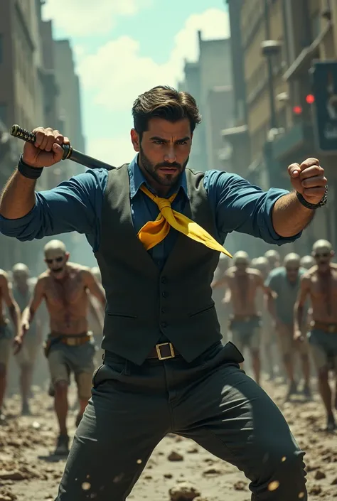 Handsome man dressed in a navy blue shirt with a black vest and a yellow tie wearing a katana and well armed fighting zombies on a destroyed street