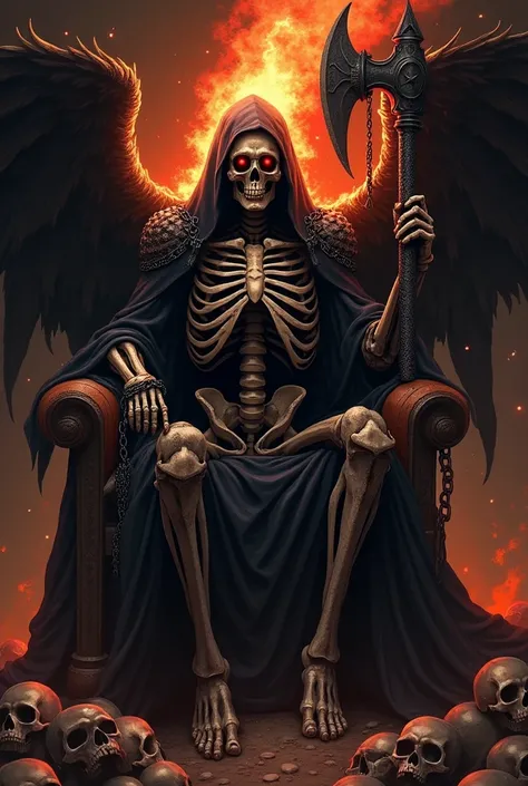 Skeleton in dark robe,  red dots in like eyes, It's on fire, a fiery aura above his head, high, dark and menacing aura, with chains on the arms and torso, God of death, holding a dark sickle with chains, that has shoulder pads shaped like skulls, dark dist...