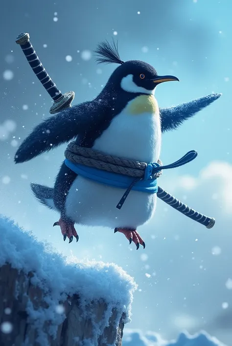  A samurai penguin with a katana wrapped in a bluish glow is in the air,  as if you had jumped off an ice cliff .  The background is a sky full of storm clouds and falling snowflakes .  The scene conveys a sense of movement , as if the combat were about to...