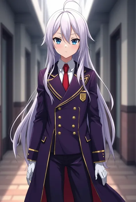 Anime Young Short boy with Long Flowing White Hair, With Blue and Red eyes, with a Blank Emotionless Mean Stoic Expression, Wearing a Dark Purple, baggy, VERY Long Sleeved, Formal Double Breasted Suit With Gold Trim and Red tie, Over a Long Sleeved White D...