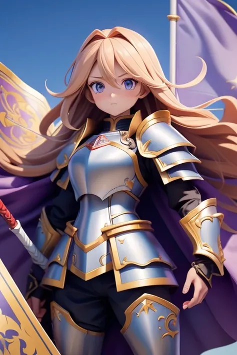 "4K anime style quality, digital drawing mode, a radiant and holy knight with long golden blonde hair, gentle violet eyes, wearing shining silver and blue armor with a flowing red cape, standing in a medieval battlefield with banners waving in the wind, fu...