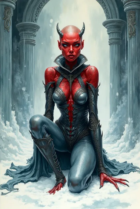 A detailed watercolor art nouveau painting of a slender demonic bald woman with red skin dressed in steel kneeling in deep snow. Defiant look. Style of Enki Bilal. Style of Philippe Druillet. Style of Moebius. Style of Métal Hurlant. Ornate ice cold backgr...