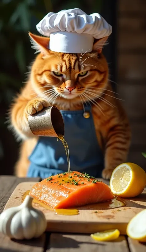 The orange Scottish Fold cat, wearing a chef's hat and blue apron, stands in front of a rustic wooden table. Carefully pour olive oil over the fish fillet with a rustic cup.
On the table garlic, a lemon cut in half and sliced ​​onions are placed on the tab...