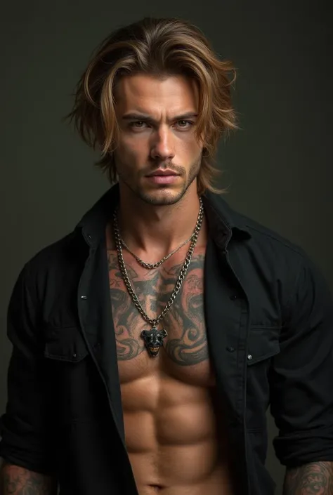 I want an image of a man with light brown hair; Length lower than your neck.  amber eyes .  white skin . Make it look tall, muscular and with notorious tattoos on his arms.  That he wears an open black shirt that shows his chest. On the chest he wears a ch...