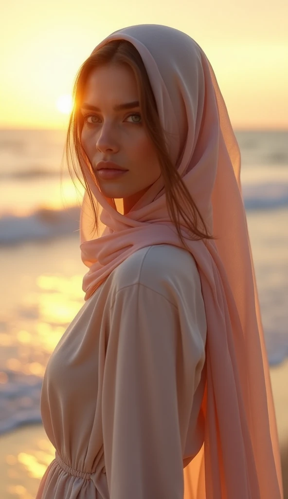 *"A hyper-realistic 3D-rendered digital model of a stunning 30-year-old Iranian woman standing by the beach during sunset.

She has striking blue eyes, fair glowing skin, and wears a stylish, flowing lightweight manteau in soft pastel colors, paired with a...