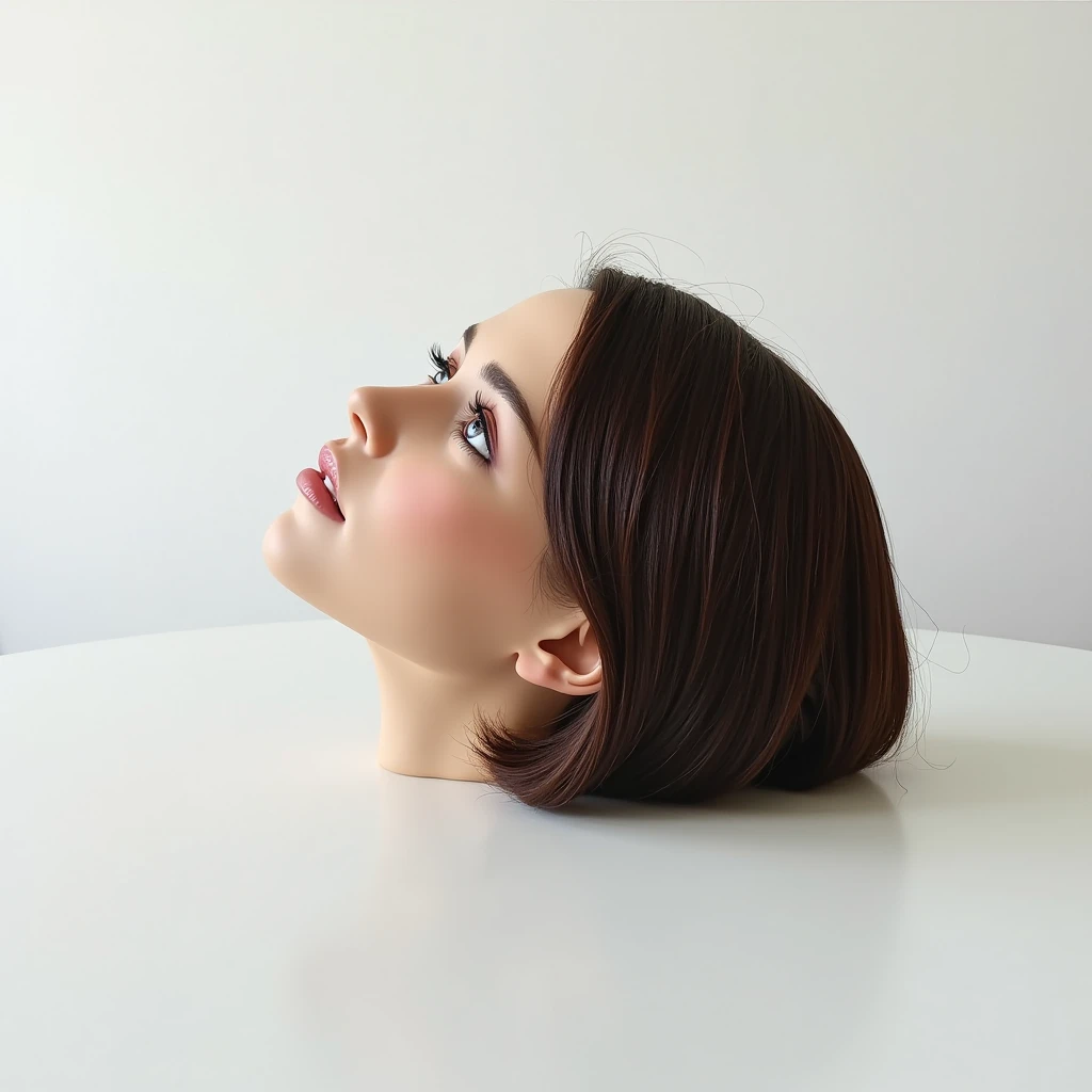 A beautiful young european woman's disembodied head lies down on a white table in a white room. We see her in side view. She is looking up. No neck, no shoulders. She has beautiful straight, thick, smooth, silky, shiny, brunette, bob hair.