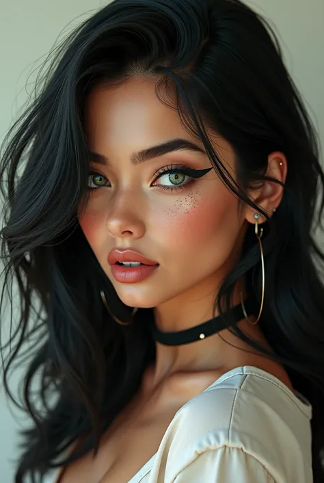 A ultra realistic Latina white woman with black hair, an upturned nose, green eyes, full lips, and a few freckles. She is very skinny and has a gamer style with e-girl eyeliner.

