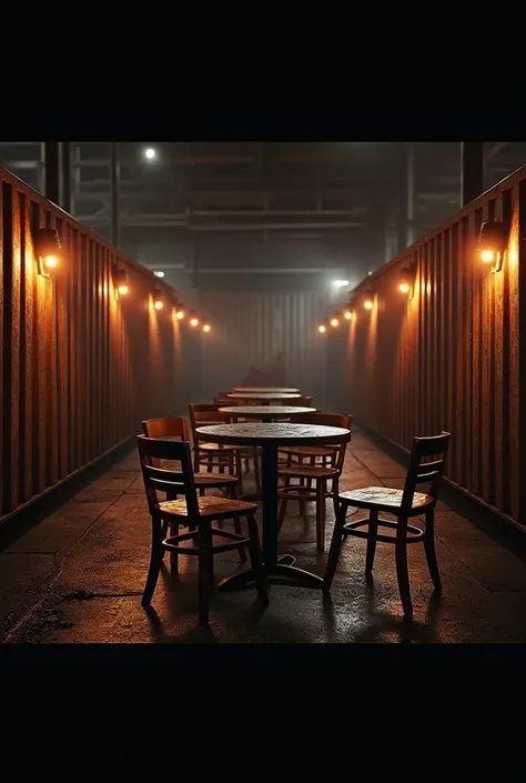 Have lots of table chairs in the middle Be it cargo containers Let it be realistic to have bar lights at night