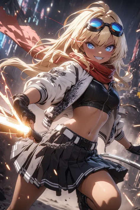 score_9, score_8_up, score_7_up, score_6_up, score_5_up, score_4_up,anime artwork masterpiece,best quality, unreal engine, ultra res, extremely detailed, One Girl,blonde hair,long hair,blue eyes,Glowing Eye Trail,tan skin,biker goggles on head,black sailor...