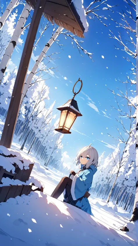 blue sky、winter、snow、plateau、Birch Tree、 1 girl,  Lantern、 blue eyes、 medium hair、 Dutch angle, 