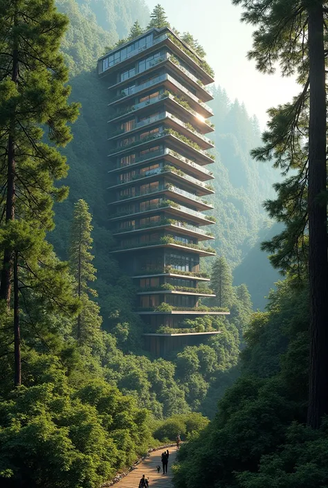 real photo of a 40-level hotel in the middle of the forest 