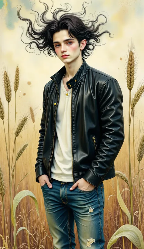 A man from Arafat wearing a leather jacket and jeans standing in a field behind the camera, looking to the side , with sunglasses, and his hands in the pockets of his jeans , in a wheat field, , Digital art of Gabriel Ba , tumblr, Fine Arts, Hedi Slim...