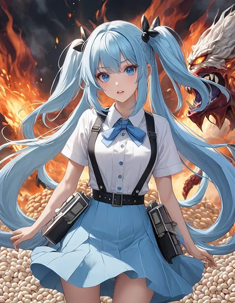 A beautiful girl with long light blue hair and twin tails throws white beans and exterminates demons.