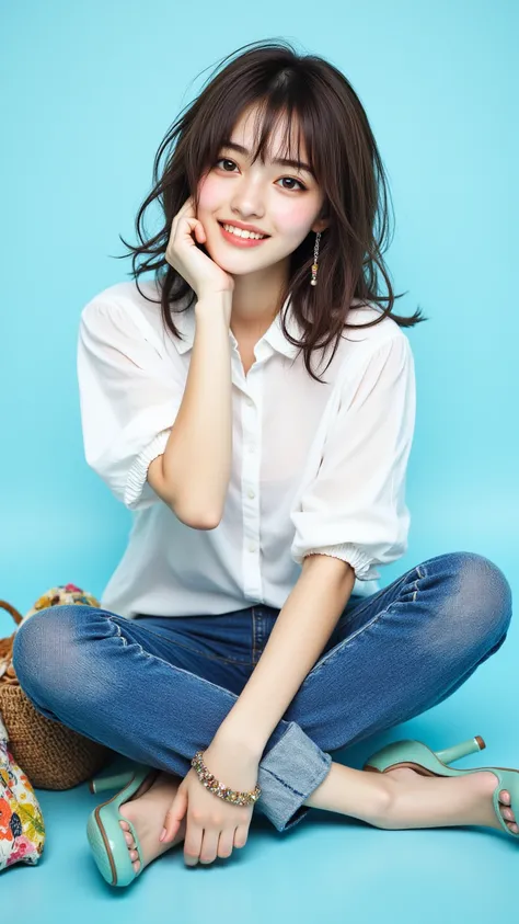 8k, masterpiece, highest quality, Korea's Beautiful Women, High-angle, shoulder-length brown hair, wavy hair, white blouse, puffed sleeves, semi-sheer, blue jeans, cuffed jeans, teal heels, aqua heels, bracelet, dangling earrings, cheerful expression, rela...