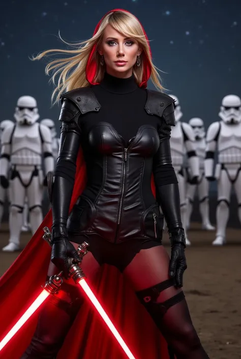 Woman as a Mara Jade Skywalker with perfect eyes with long blonde hair, dressed in tight leather turtleneck combat outfit with pauldrons, using a red lightsaber, a hooded red cape, strong seductive makeup, bedroom eyes, evil smirk, arrogant smirk, cinemati...