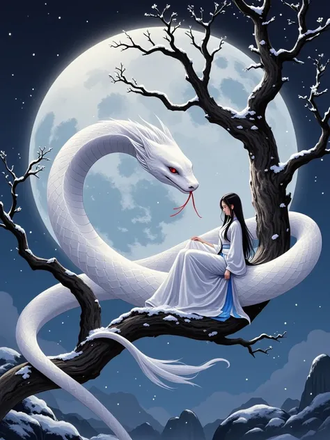 White Snake,  1girl , Romantic ancient style，night，Backlight，A man and a woman sitting on a tree branch，There is a full moon behind，Fresh colors，Soft colors，Diode lamp，Concept art style，Extremely complex details，Clear distinction between light and dark，Str...