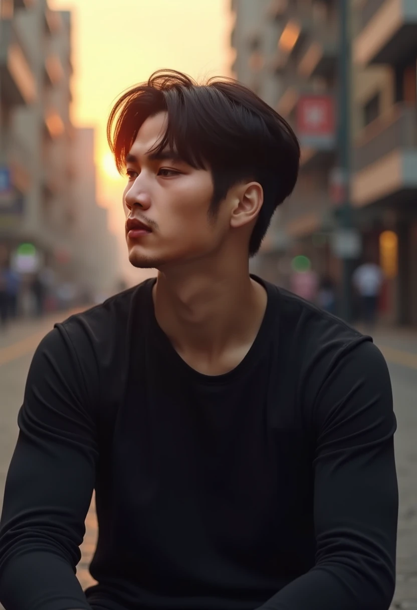 handsome Korean boy wearing a black shirt, healthy and masculine physique, he sat thinking. He has side part hairstyle. City scene at sunset. Lofi style. Photos have high definition and realistic lighting