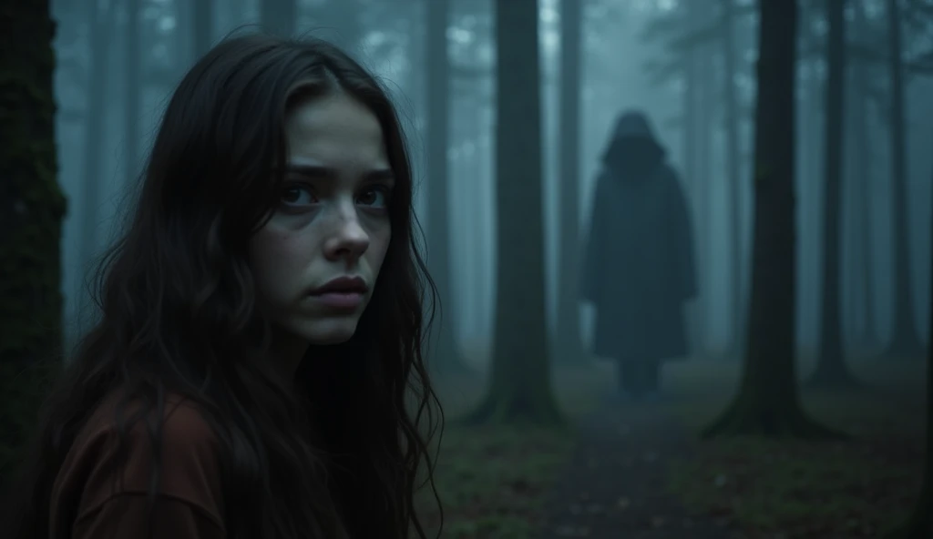  A dense, misty forest at dusk ,  the tall trees creating a suffocating canopy .  A young woman with long, wavy dark brown hair and deep brown eyes is in the foreground,  its visible breath in the cold air .  Her eyes are wide with fear as she looks into t...