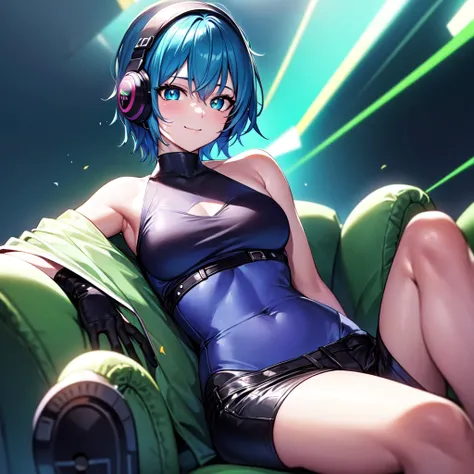 (best quality,highres,ultra-detailed,realistic:1.2),anime girl in short shorts,short blue hair,headphones, green cut off t-shirt and shorts, dance floor background, club lighting on stage,confetti raining down,dancing,smiling,from behind,portrait, vivid co...