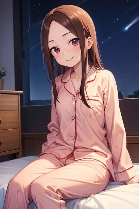 (takagi-san )  upper body： pajamas lower body ：  subject size ：girl background ： bedroom time ： twilight sky expression： evil smile posture ：sitting


