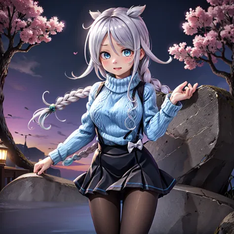 umikazemitkoKC,skirt, 1girl, solo, long sleeves, pantyhose, black skirt, mole, sweater, black pantyhose, mole under eye, single braid, suspenders, blue sweater