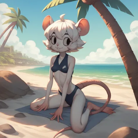  score_9,  score_8_arriba, rat , Eyes black dot ,  cartoon eyes from the 40s,  White fur ,  small breasts,  flat breasts, palm trees in the background,  beach,  smiling,  Bello short audience,  short stature,  long disheveled white hair,  swimsuit ,  sitti...