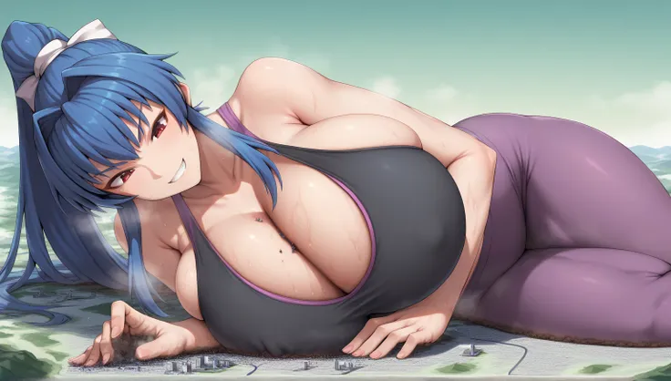 giantess, macro, landscape, crushing the city with her breast, lying face down, solo, Meiya, Meiya Mitsurugi, muvluv, smirking, long hair, high ponytail with a white ribbon, blue hair, red eyes, wearing black sports bra, purple yoga pants, sweaty, steamy, ...