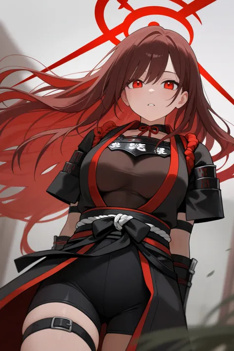 1 girl, Hair length reaches the back, Brown hair and red hair on the edges of the hair, red eyes, but not bright, wear a sexy samurai outfit, หน้าอกไซส์ปานกลาง, have a red halo