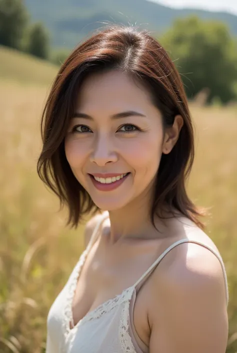 "A mesmerizing 48-year-old Japanese woman standing in an open field with the wind gently tousling her hair. Her face is illuminated by golden sunlight, casting natural shadows that enhance her delicate features. She has a soft, genuine smile, with fine lau...