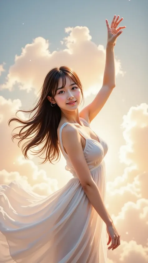 A woman in a playful pose, with one arm raised in a carefree gesture and a soft smile, her silhouette casting a gentle shadow. Her dress flows softly around her as if caught by a light breeze. The background is a pastel-colored sky filled with fluffy cloud...