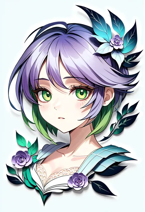   Paper Cut Art  ,( Flat Paper Cutout ，Paper Art，layered Paper Art，Paperwork,   digital art ),  on a white background  ,  girl， ((( green hair,  purple eyes ))),( high detail,  Masterpiece,  top quality,  Ultra High Resolution)