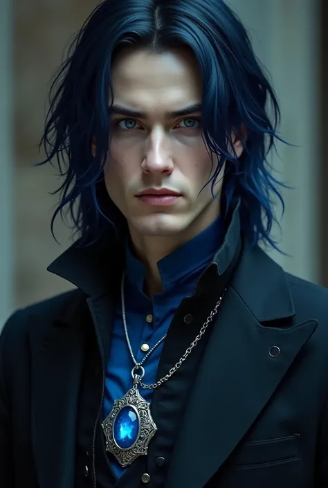 man with fair skin, long black hair with blue highlights, intense blue eyes, of average height and slender figure. She wears an ancient amulet with a blue crystal on a silver chain and wears dark, elegant clothing.. His expression is serious and thoughtful...