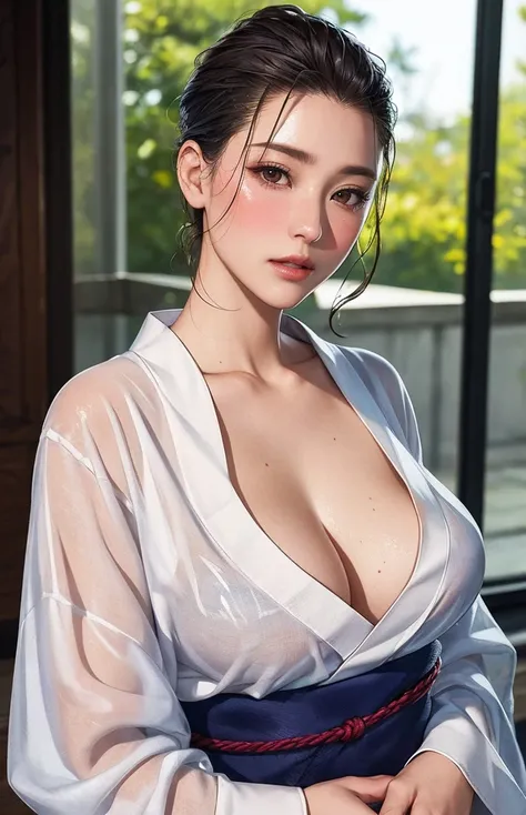 female student   , Yukata, kimono、forehead, (((slicked back hair)))、Medium Breasts
((( Masterpiece))), ((  top quality)), (( 複雑な Details)), ((  super realistic realism )), ,  mature woman,   mature woman,   see through,    high definition  , illustration, ...