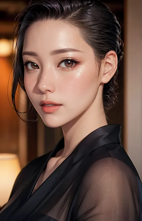 female student   , Yukata, kimono、forehead, (((slicked back hair)))、Medium Breasts
((( Masterpiece))), ((  top quality)), (( 複雑な Details)), ((  super realistic realism )), ,  mature woman,   mature woman,   see through,    high definition  , illustration, ...