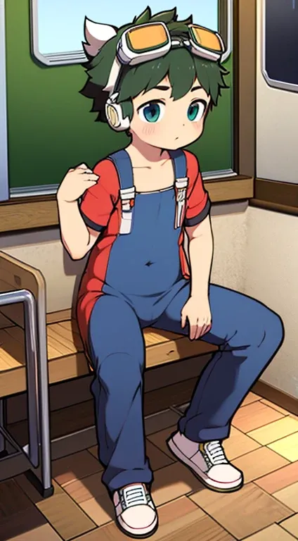 2D boy Shota ，One-piece hiking suit ， Wear headphones on your head， permanent，Goggles，trumpet，Cow ears，Sports shoes，classroom