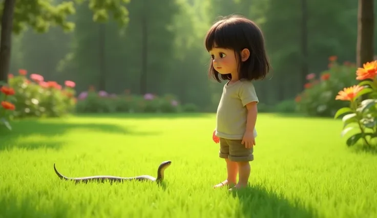 A hyperrealistic image of a young girl, about , standing in a green garden, watching a small snake move through the grass. She has shoulder-length, slightly messy hair and wears a simple t-shirt and shorts. Her face looks calm and curious as she stands bar...