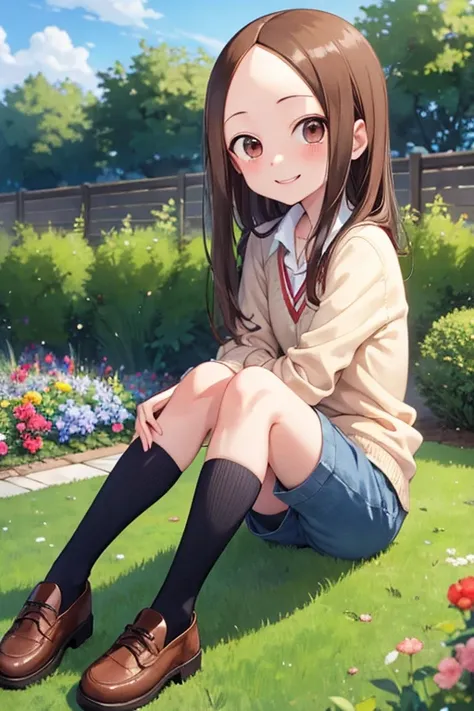 (takagi-san )
 upper body： cardigan
Lower body ： micro shorts
Subject size：Girl
background ：garden
Time ： twilight sky
Expression ： evil smile
posture ：sitting
