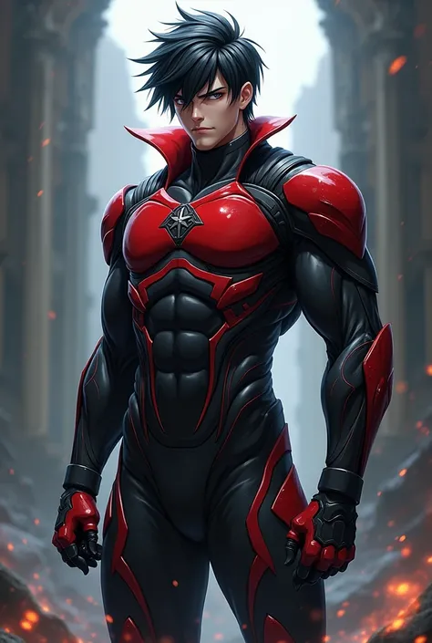 Create me an anime character who is 1.90m tall wears a black and red warrior suit and gloves and has a scar on his chest and has black hair