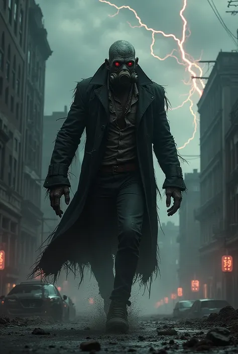 A towering zombie with a gas mask, wearing a tattered black trench coat. It walks through a dark, abandoned city, with red lightning flashing in the stormy sky.