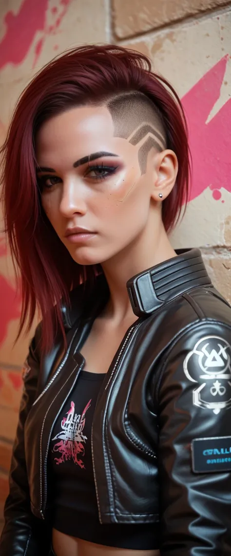  score_9_ up ,  score_8_ up ,  score_7_ up , Abstract,  1 girl, alone, Age 25,  PERFECT FACE IN DETAILS, Close view ,(adult), sexy,Red Hair, stares at viewers, leather jacket, black crop top,  cyberpunk, portrait photo, beautiful eyes, cowboy shot,  cyberp...