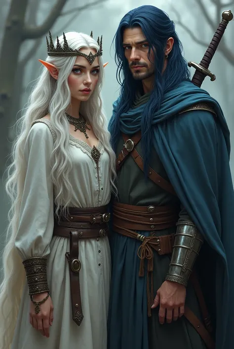 In the picture, A realistic adult woman of 1 ,76 meters high,  thin,  with long white hair that falls softly over her shoulders ,  he is standing next to a man .  She wears an elven iron crown over her head ,  that highlight his air of nobility and wisdom ...