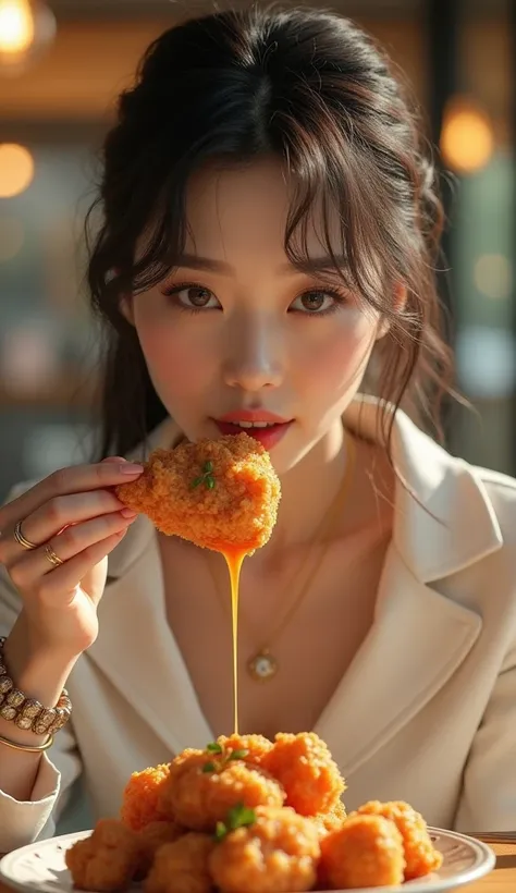 Korean idol style female character is eating chicken