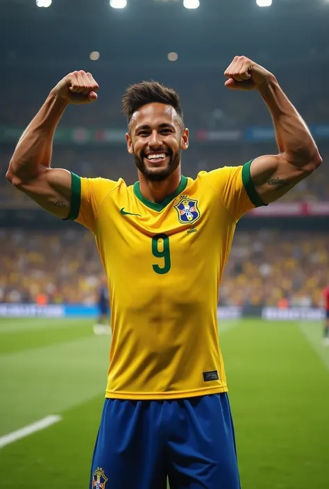  Create a high-quality image of Neymar , super strong and muscular ,  in a full body pose,  facial as he flexes his arms upwards showing the double biceps . The expression on his face must be confident and determined with a beautiful smile..  The setting c...