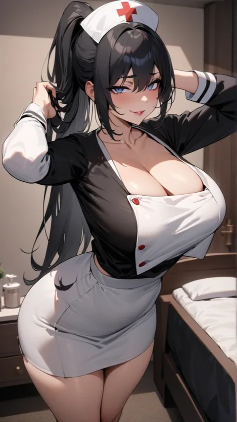  highest quality 　 masterpiece　 high resolution sweatshirt　 masterpiece,  messy black hair , thick and beautiful , high ponytail,  hair with a stripe in the middle  　 blue eyes, Seductive lips,   mocking an evil smile ,  long sleeve nurse uniform , standou...