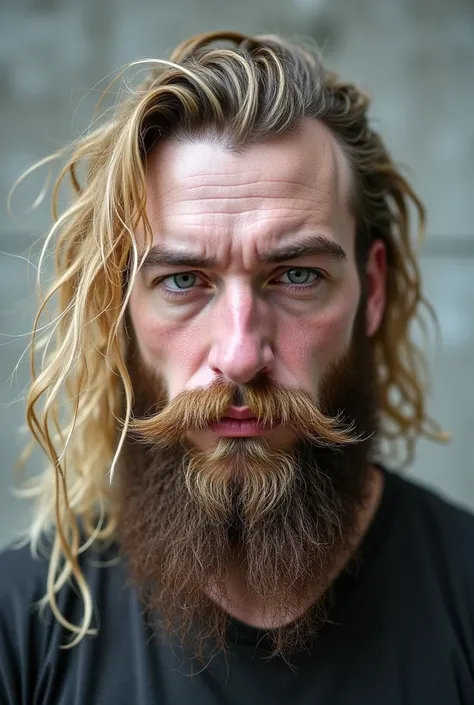 A man with very long hair dyed dark blonde with a bushy beard, broad nose, white-skinned,  white skin , Shaved head on the sides