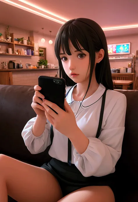 phone exposure, phone pov,,score_9, score_8_up, score_7_up,anime_source, source_anime, anime screencap,, embarrassed, , girl sitting on sofa ,phone exposure, phone pov, g0thicPXL, glowing, neon, indoor, cafe, arrogant girl, young, confident, glaring, conse...