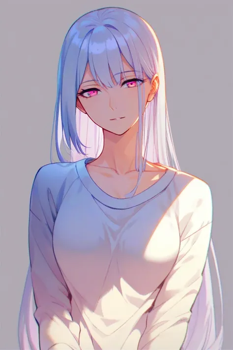 anime, 1 girl, slender body, Medium breasts, straight hair,  long hair,  white hair, pink eyes, kind, quudere,  simple background, half body, tender, feminine, gracious,  casual wear, roupas de sweatshirt, sweatshirt